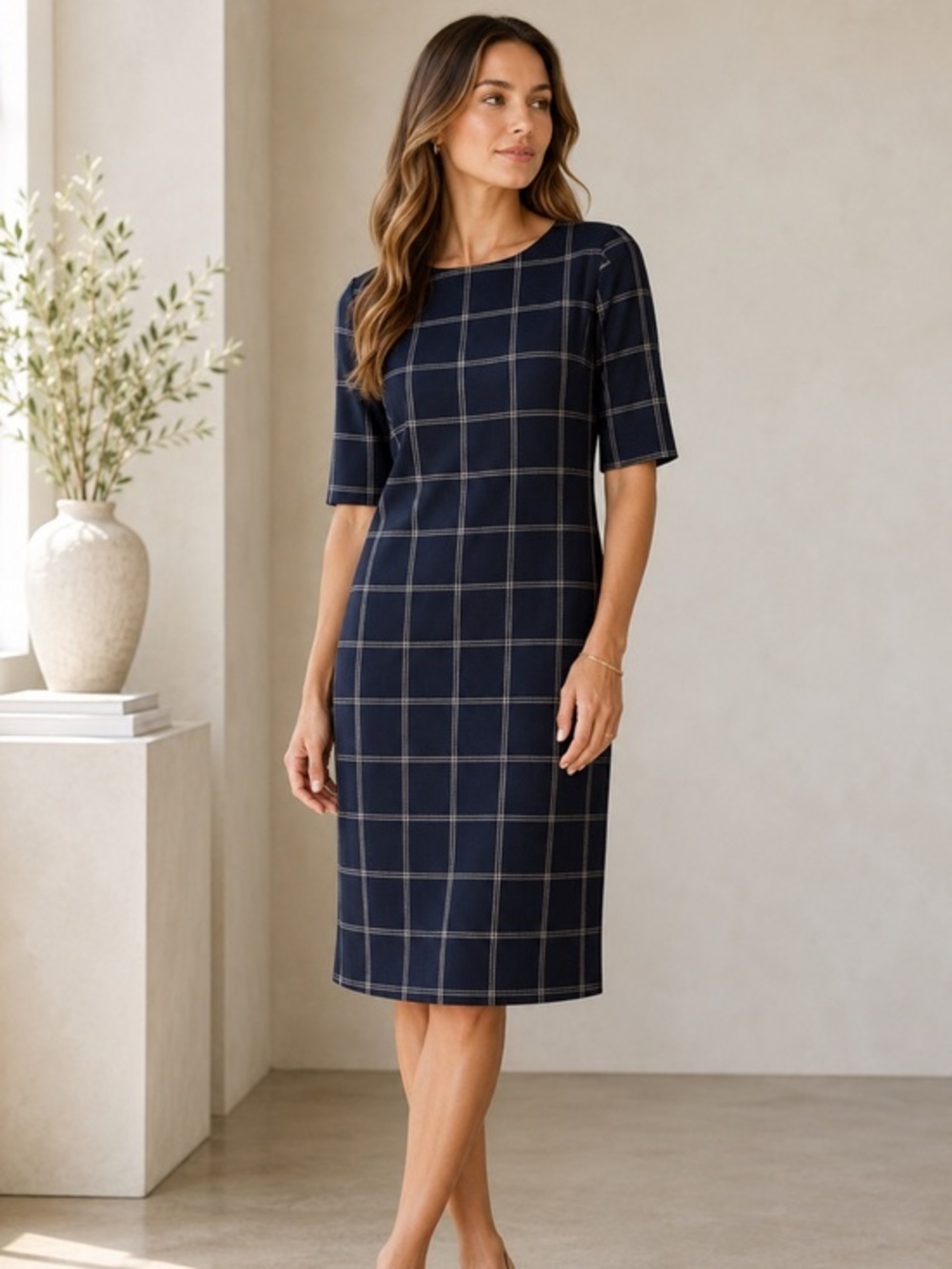 Hobbs London Navy Windowpane Check Below-Knee Shift Dress Size 6